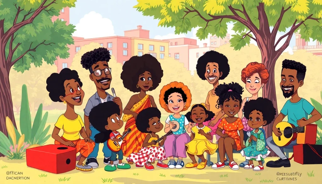 Celebrating African American cartoons with vibrant animated characters enjoying a sunny park.
