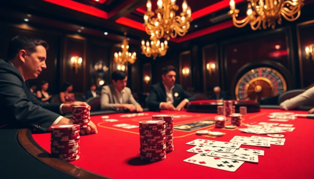 Scène captivante au meilleur casino en ligne France, mettant en vedette des joueurs à une table de poker de luxe.