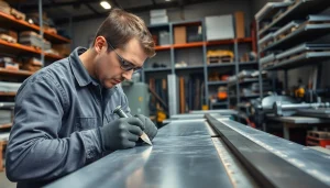 Technician engaging in sheet metal training using precision tools in a busy workshop.