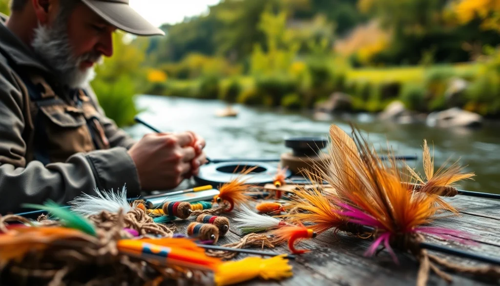Engaging in fly tying with intricate materials and vibrant colors near a serene river.