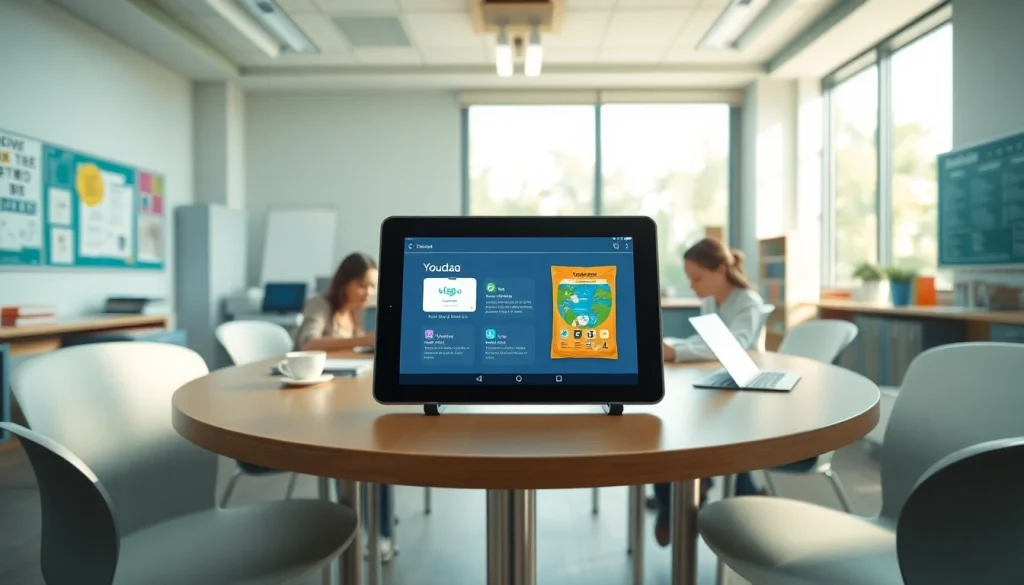 Youdao translation app featured prominently in a modern digital classroom setting.