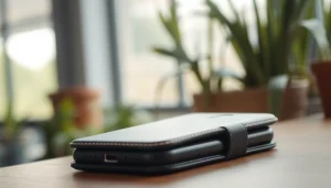 Handytasche Magnetverschluss elegant und funktional auf einem Tisch präsentiert.