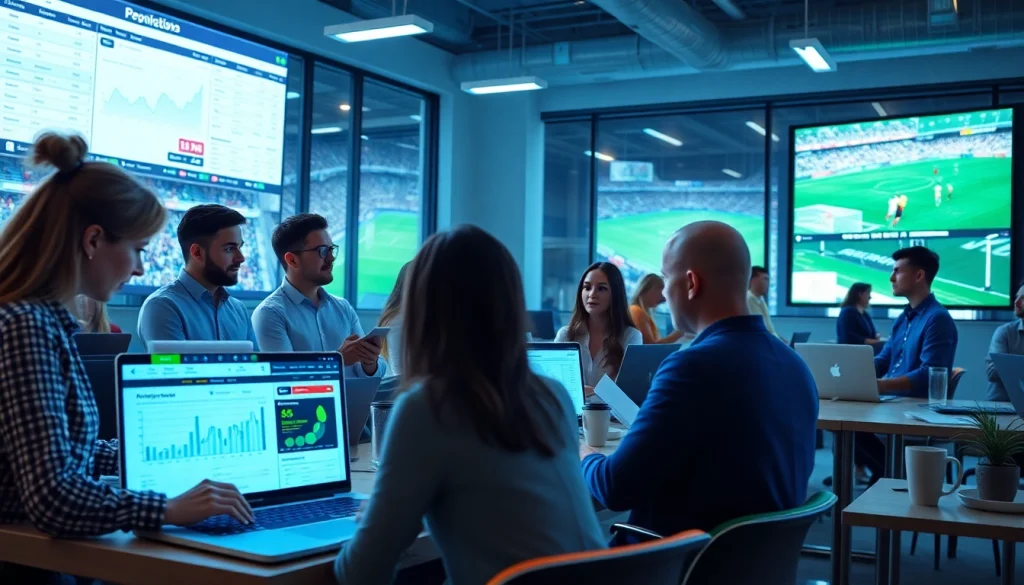 Collaborative office scene illustrating 슈어맨3's innovative approach to sports betting analysis and safety.