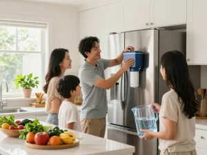 Family in a modern kitchen installing Waterdrop Replacement for Samsung DA29-00003G filter, promoting healthy living.