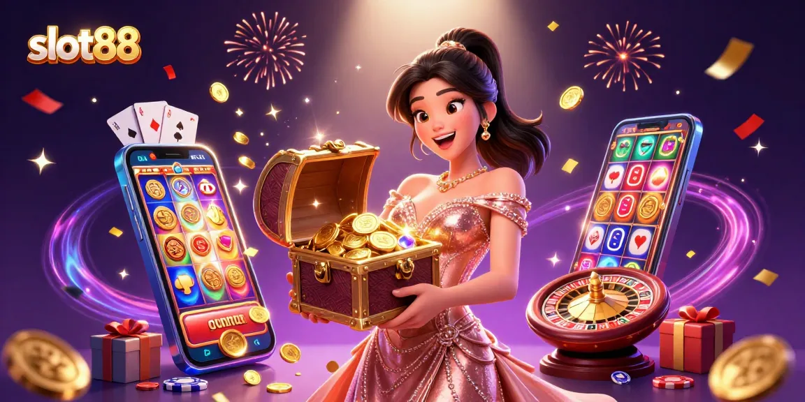 Win big with slot88 as the Asian beauty showcases treasures while celebrating casino excitement.
