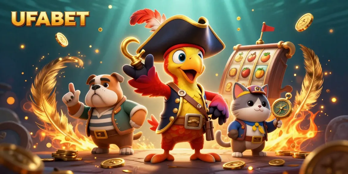 Experience thrilling slots with UFABET, featuring cartoon characters in a vibrant, action-filled casino.