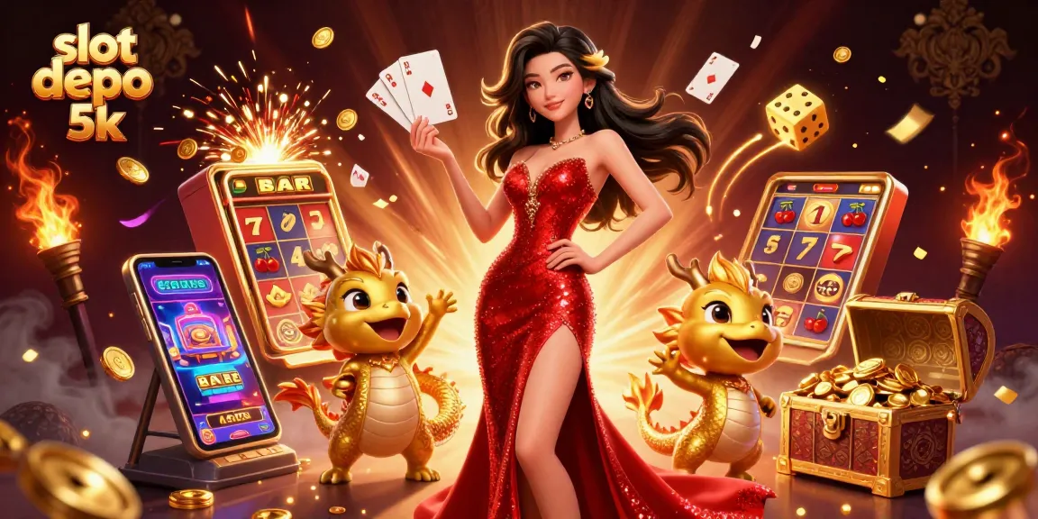 Experience the thrill at slot depo 5k with festive 3D casino graphics featuring a glamorous character and vibrant game elements.