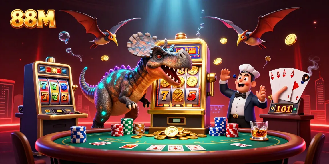 88M jackpot scene with colorful slot machines, featured coins, and animated characters in a casino.