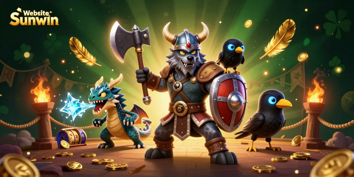 Experience thrilling gameplay at Website Sunwin with cartoon Viking warrior and dragon amidst dynamic casino symbols.