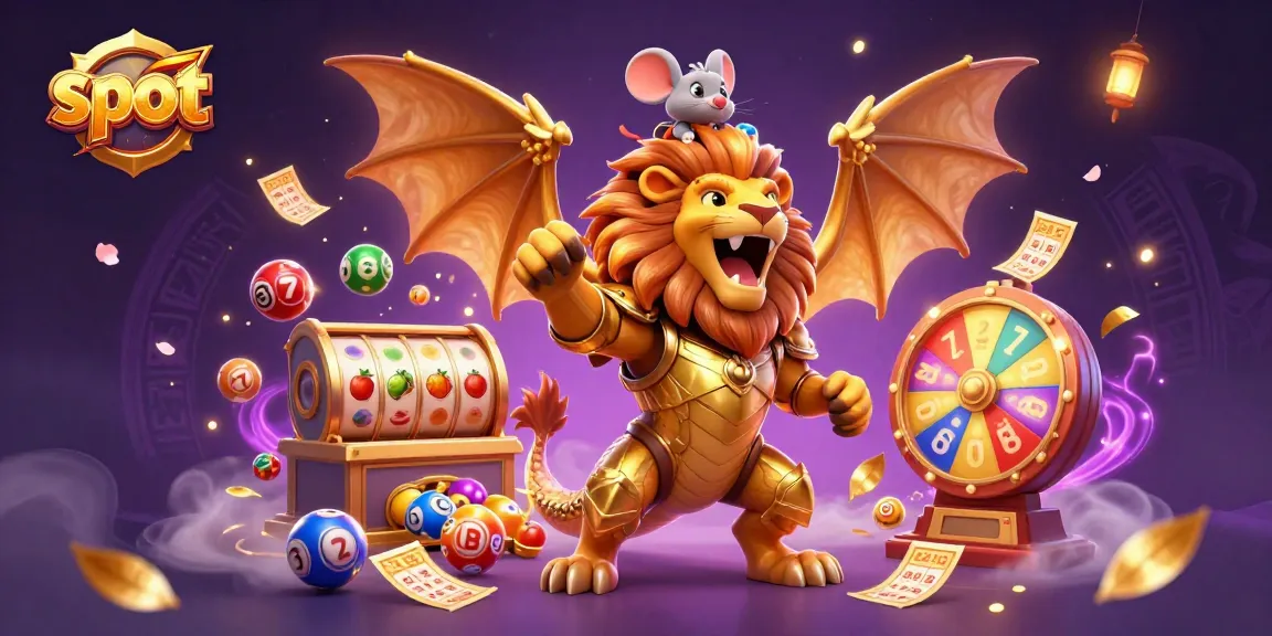 Engaging 3D illustration of a slot-themed chimera creature with dynamic game elements surrounding it.