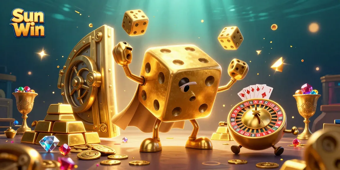 Experience the excitement of Sun Win with a vibrant 3D casino illustration filled with golden treasures and dynamic gaming elements.