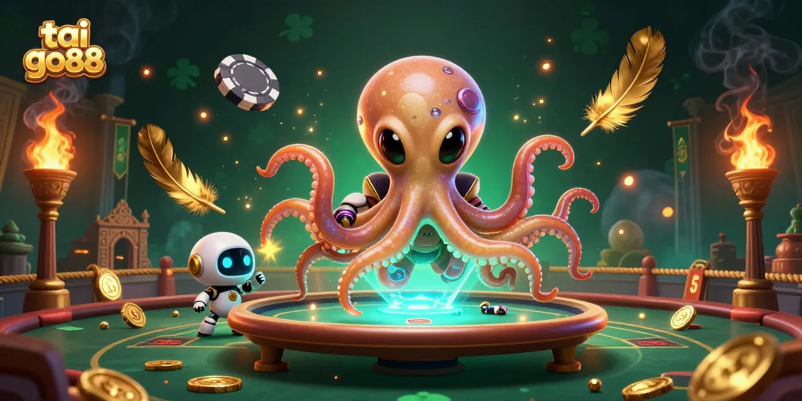 Engage with tai go88 in a vibrant 3D casino scene featuring a dynamic alien octopus and mini robot.