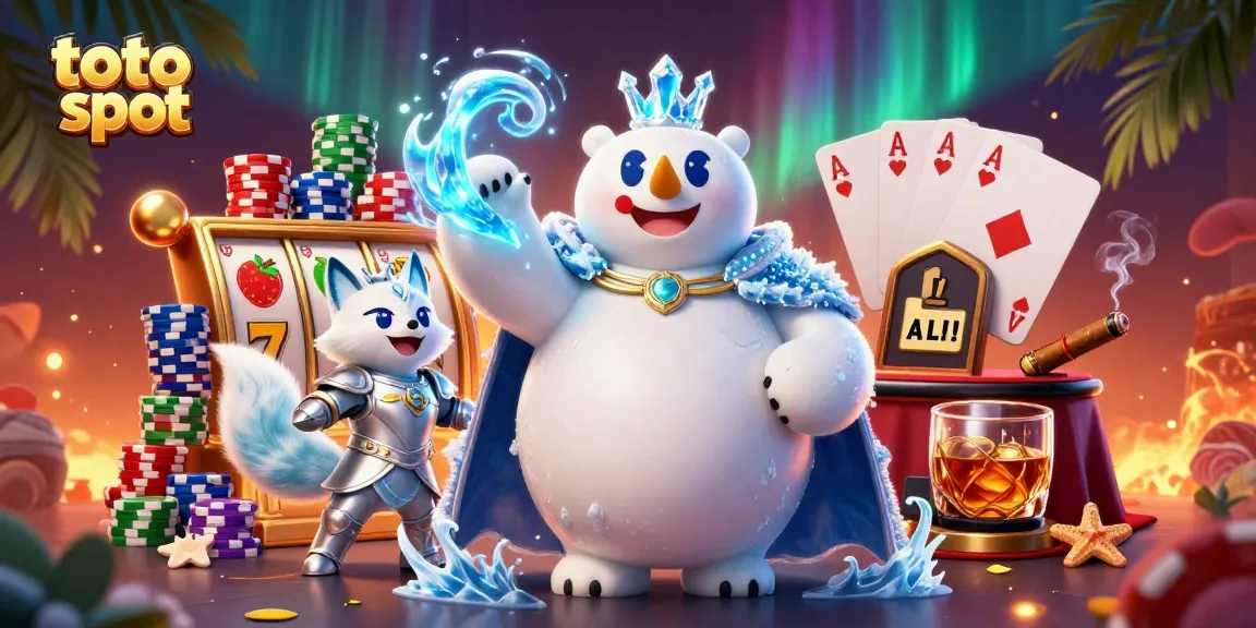 Toto slot game featuring a majestic ice king polar bear and snow fox amidst vibrant casinos.