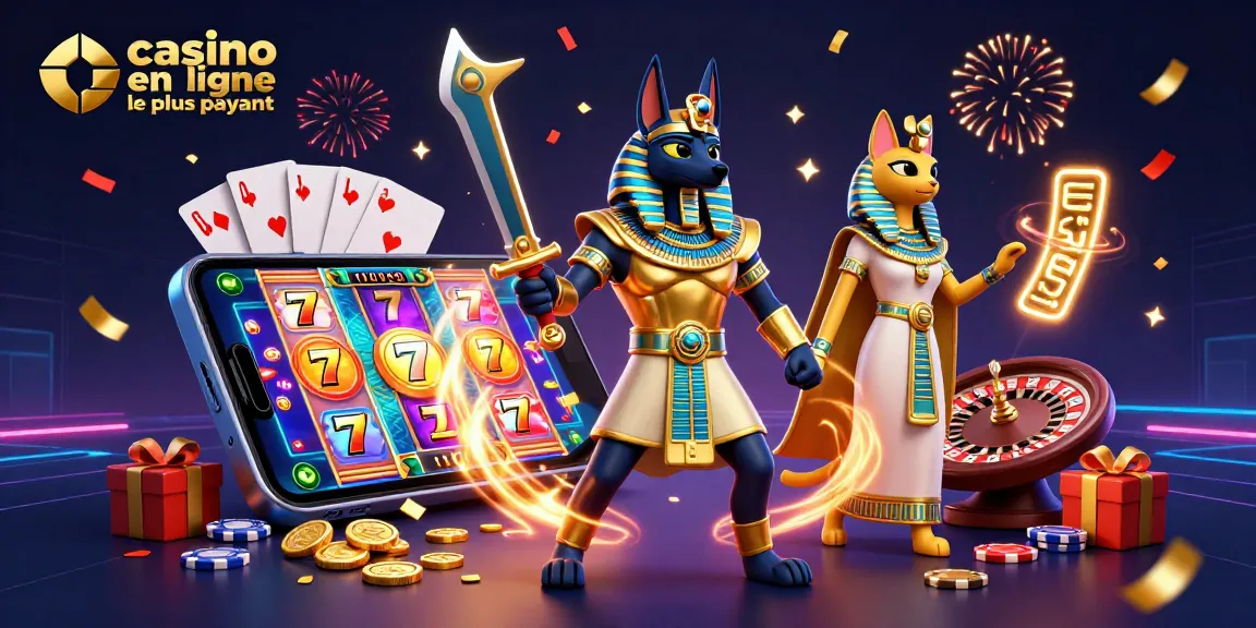 Illustration présentant un guerrier Anubis et Bastet, symbolisant le casino en ligne le plus payant avec des éléments de jeux colorés.