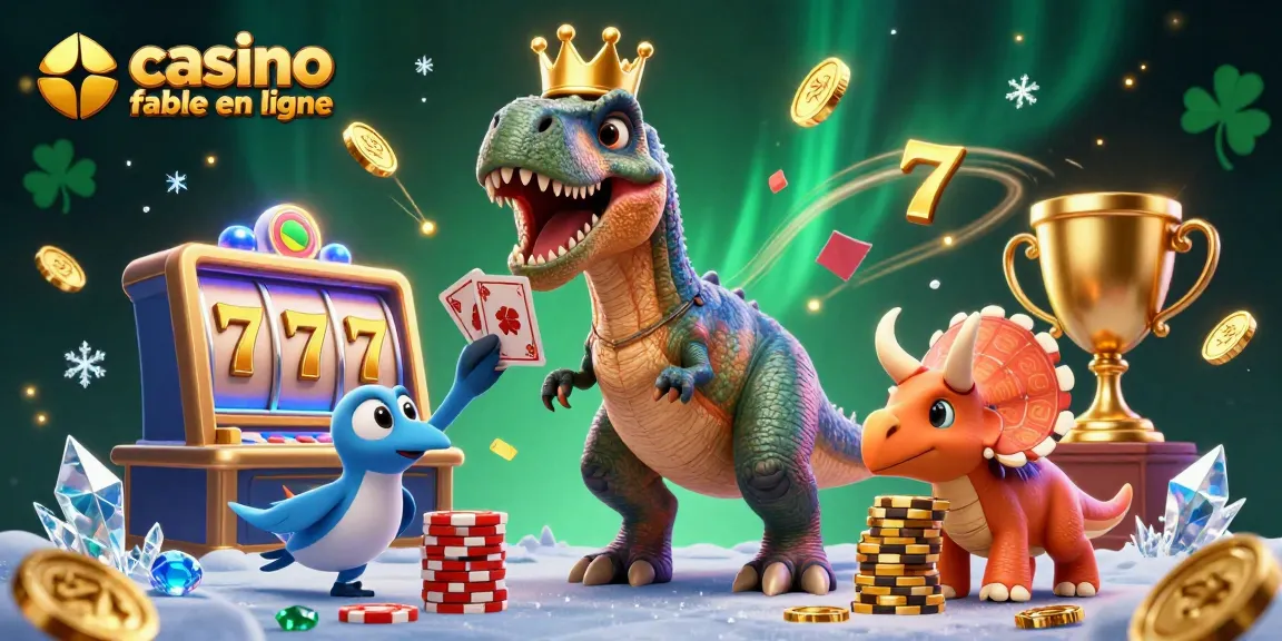 Illustration dynamique représentant un casino fiable en ligne avec des personnages 3D ludiques, les jeux et éléments de casino autour.