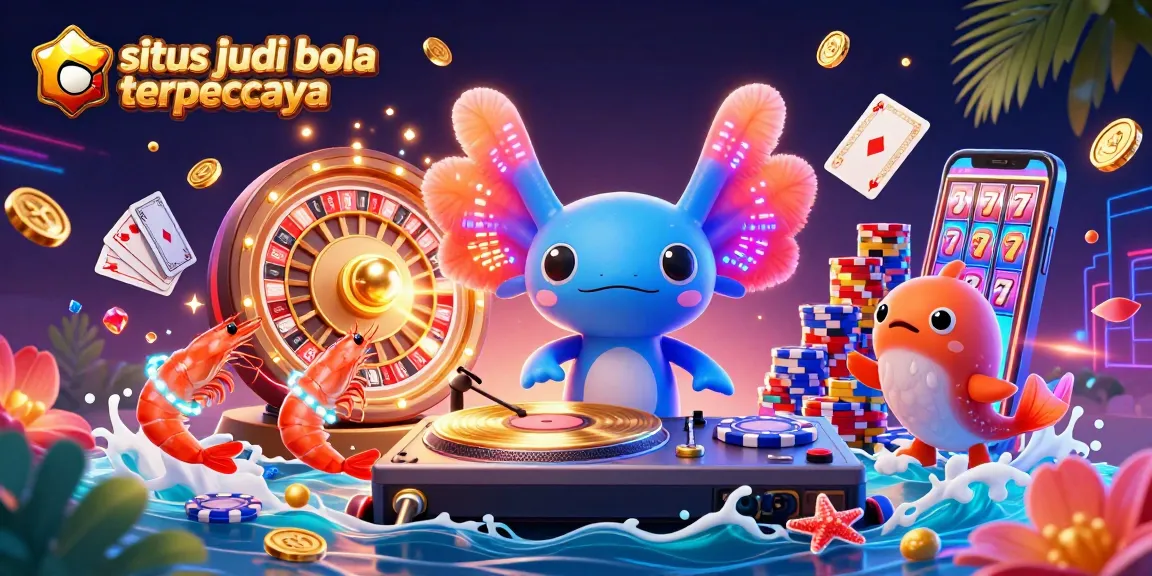 Situs judi bola terpercaya showcases vibrant excitement of online sports betting with detailed characters and dynamic casino elements.