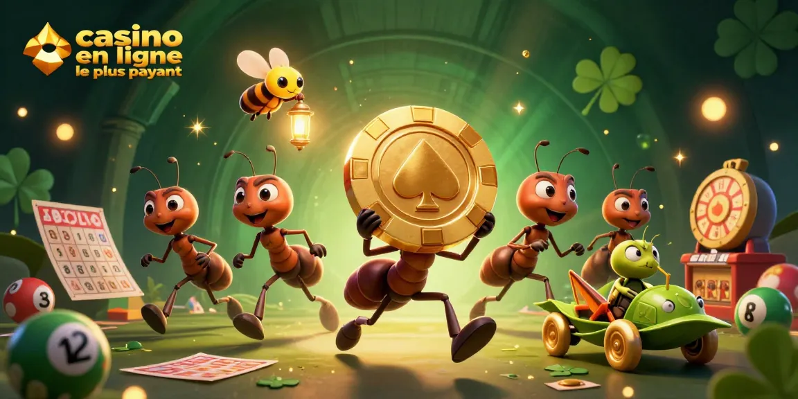 Des fourmis transportant un jeton de poker dans un tunnel, illustrant le casino en ligne le plus payant.