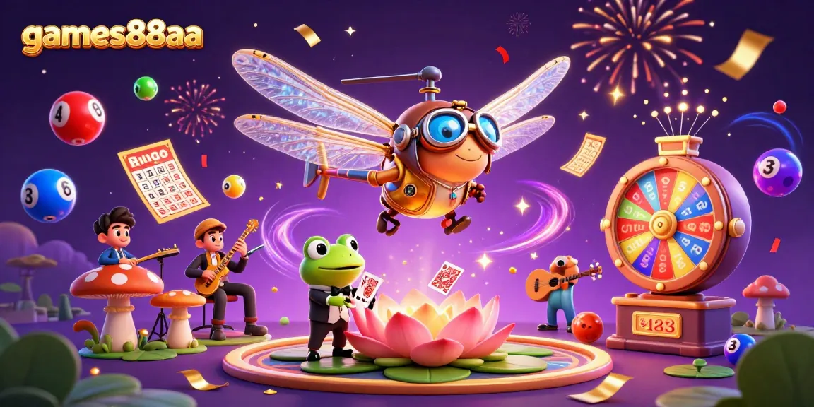 Engage with games88aa at the vibrant lily pad casino with dynamic lottery balls and a frog croupier.
