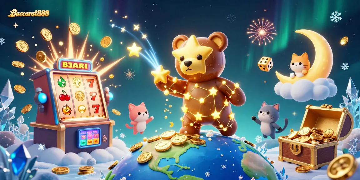 Baccarat888 immerses players in thrilling gameplay featuring a golden constellation bear collecting coins with vibrant casino elements.