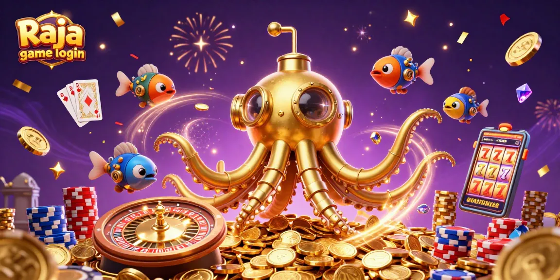 Experience the thrill with Raja game login, featuring vibrant 3D characters amidst cascading coins and poker chips.