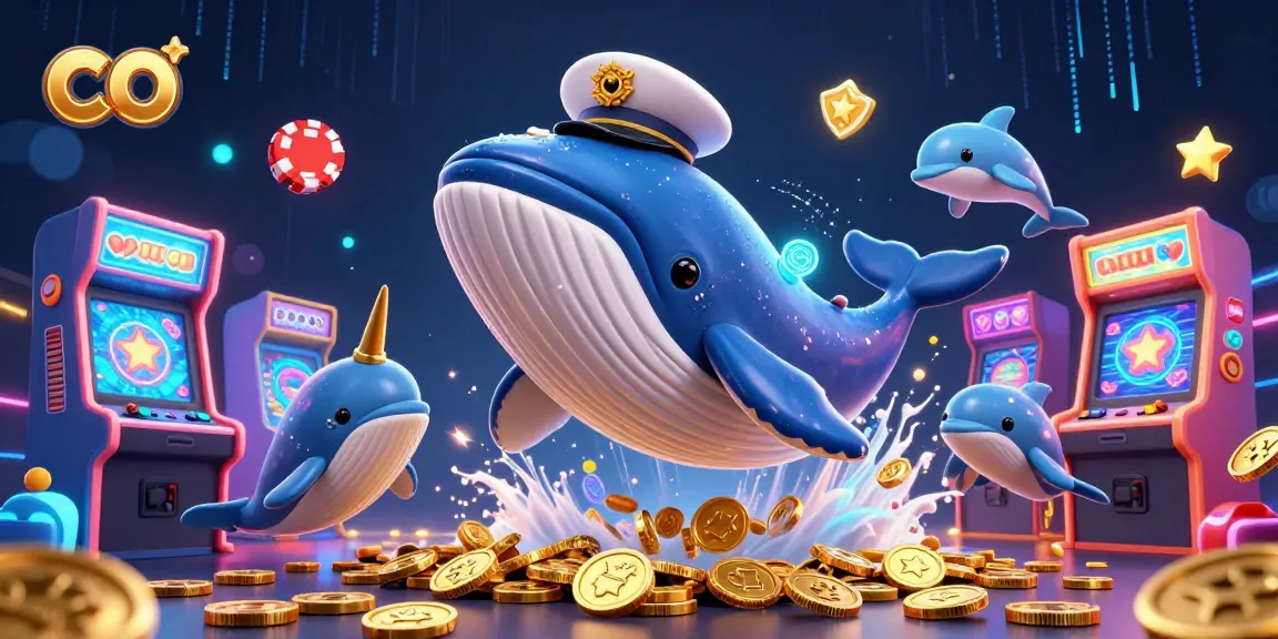 Engage in thrilling gameplay at co with a whimsical whale, narwhal, and dolphins among festive casino elements.