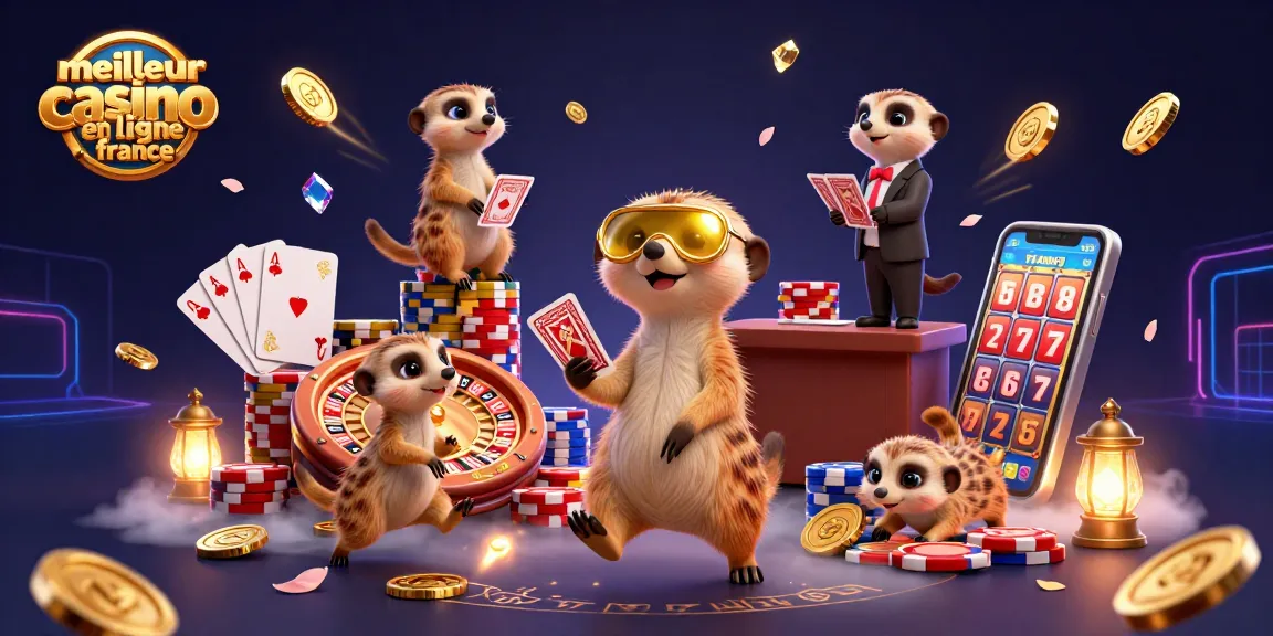Découvrez le meilleur casino en ligne France avec une illustration dynamique de suricates animés dans un casino coloré.