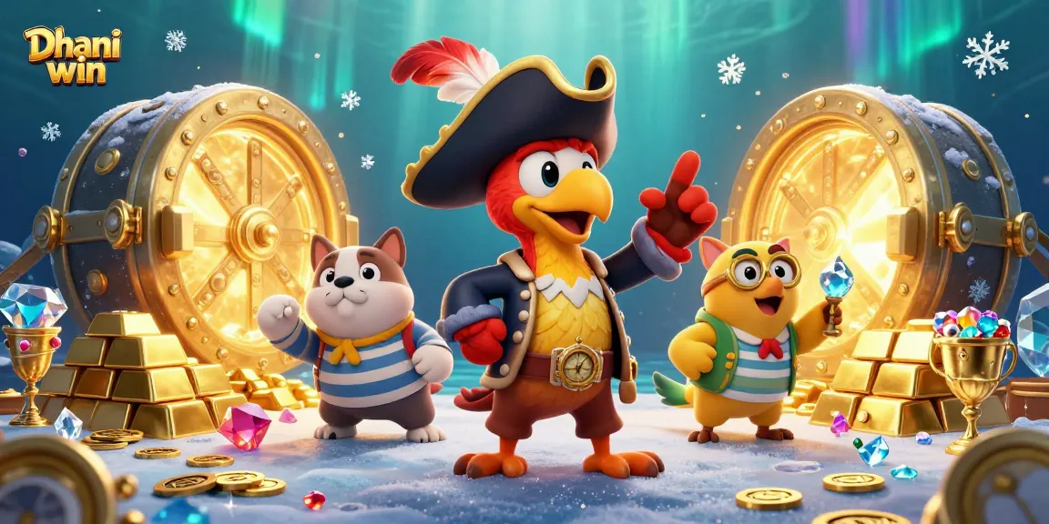 Dhani win pirate-themed illustration showing exciting gaming elements like gold, jewels, and characters participating in thrilling gameplay.