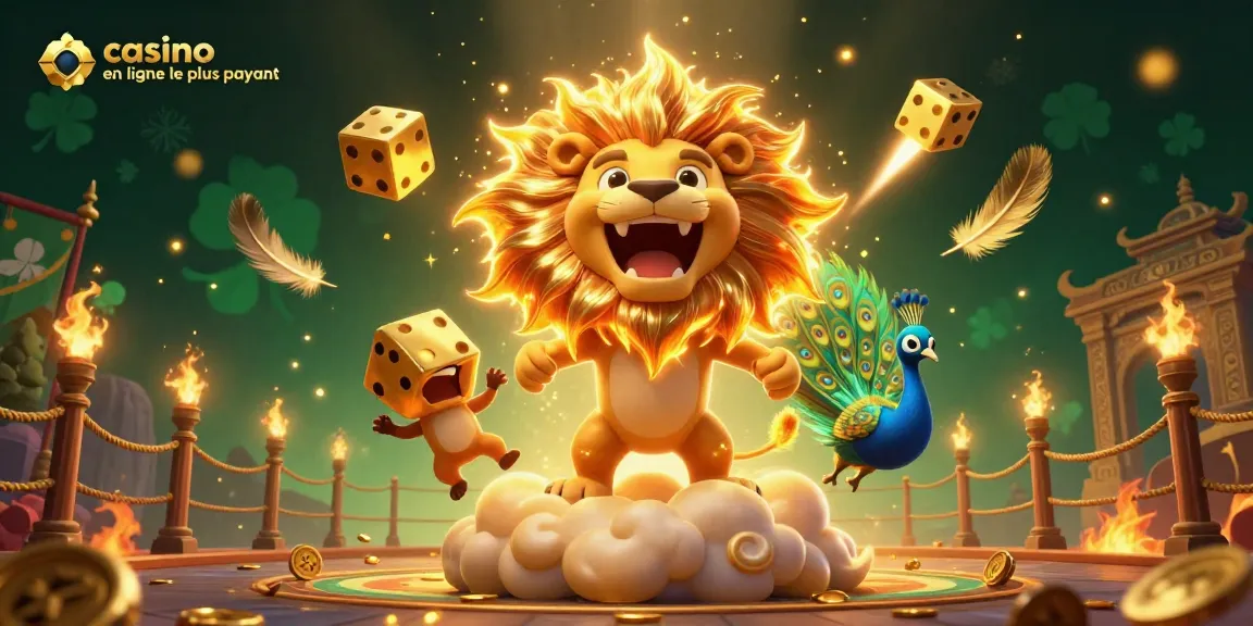 Illustration 3D d'un lion soleil et des dés d'or, représentant le casino en ligne le plus payant.