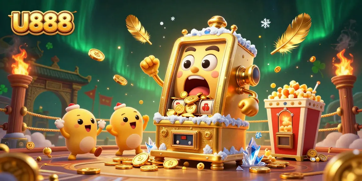 U888 slot machine hits the jackpot, showering coins in a rich casino illustration.