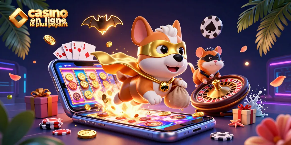 Volez avec un chien super-héros et un hamster dans un casino en ligne le plus payant, entourés de gains colorés.