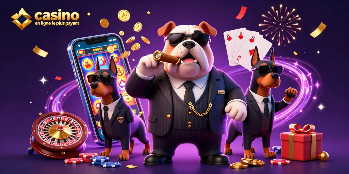 Découvrez le casino en ligne le plus payant avec un bulldog mafieux et ses gardes du corps sous une pluie de pièces d'or.