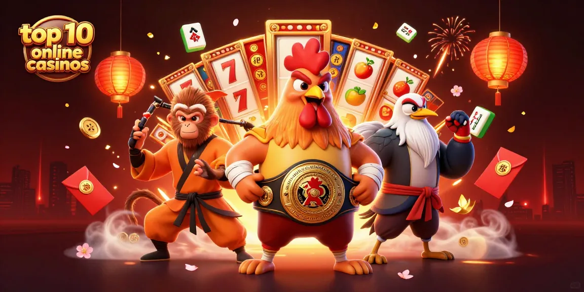 Engage with the top 10 online casinos, featuring a dynamic 3D illustration of casino-themed characters and elements.