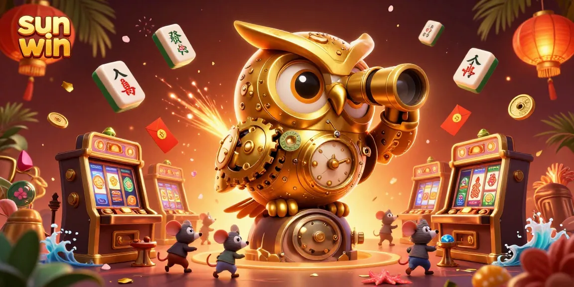 Engage with sun win gaming experience featuring a clockwork owl surveying a vibrant casino.