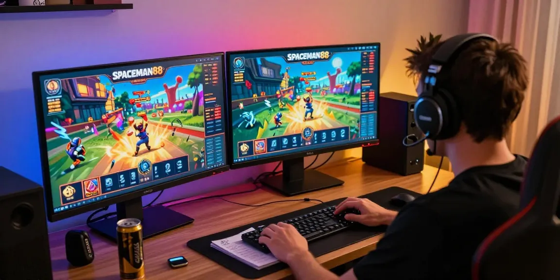 Engaged player experiencing Spaceman88 online gaming slot with dual monitors and gaming setup