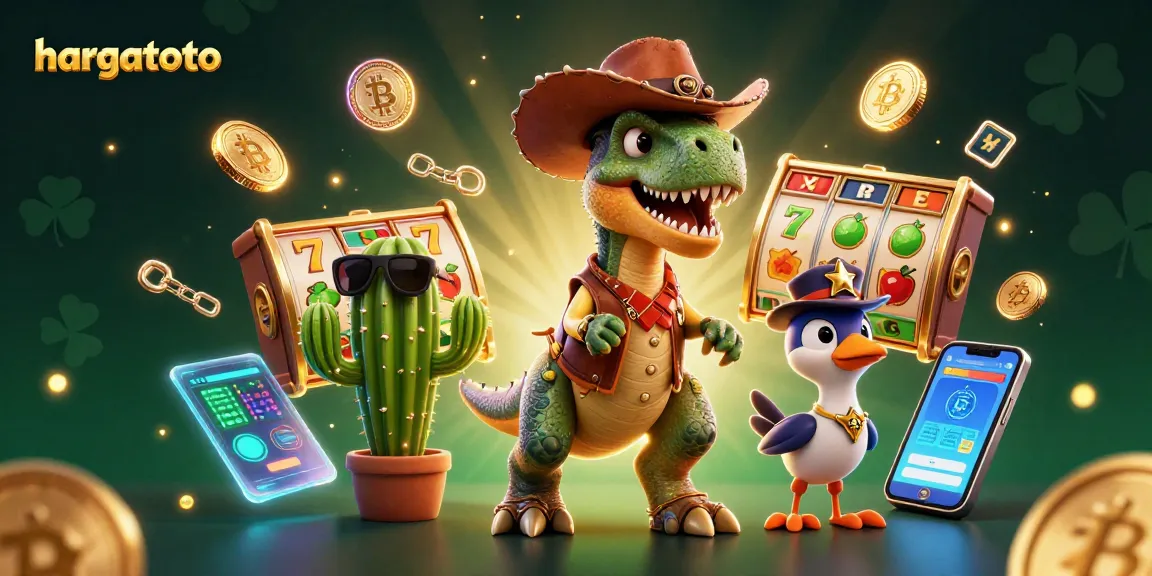 Spin slots and win big with hargatoto, featuring a vibrant T-Rex, cactus sidekick, and colorful symbols.