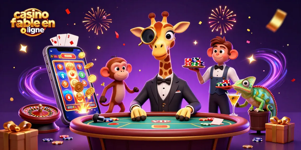 Illustration dynamique de casino fiable en ligne avec une girafe, valet singe, et barman caméléon.