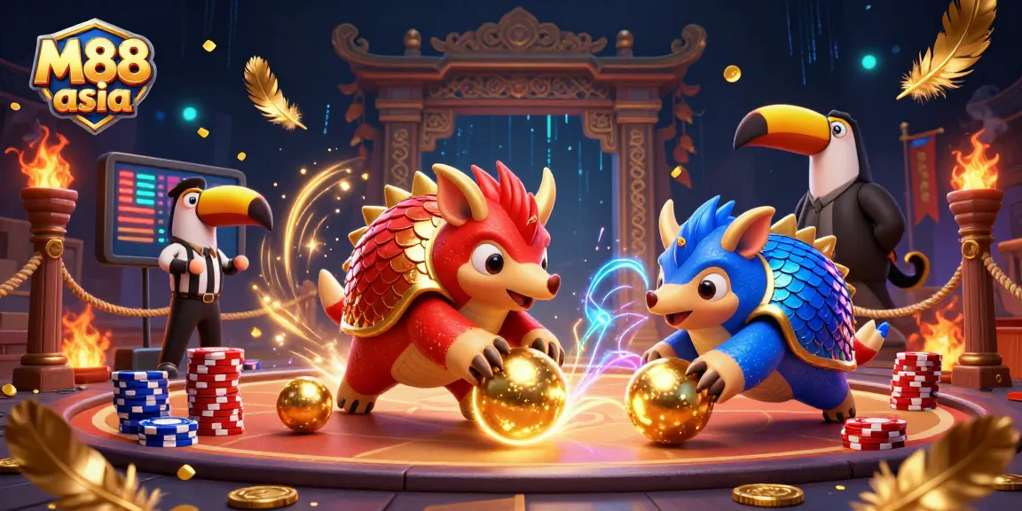 Experience the excitement of M88 asia with dynamic pangolin characters competing in a vibrant casino setting.