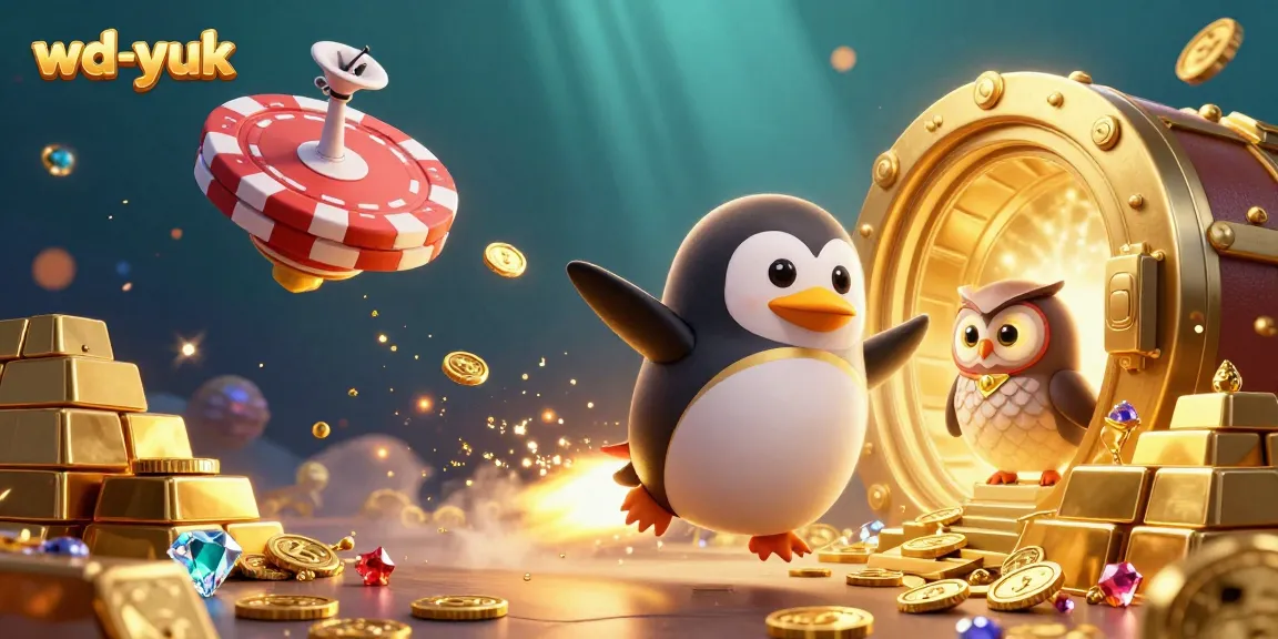 Engage with wd-yuk as a golden penguin soars through a dazzling casino-themed space.