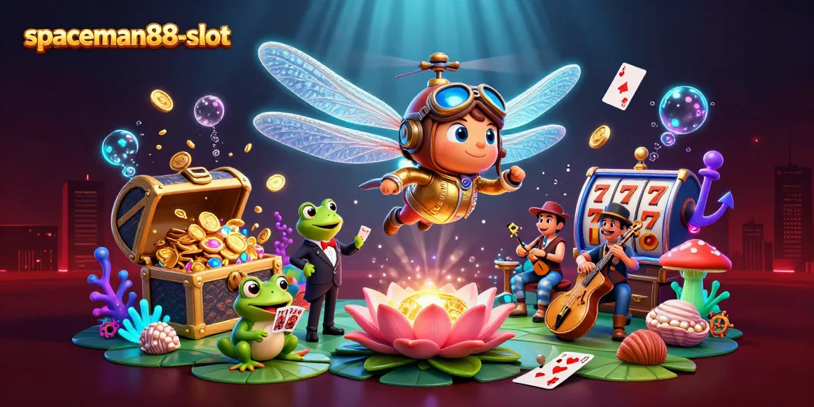Engage with the thrilling excitement of spaceman88-slot at this vibrant lily pad casino illustration.