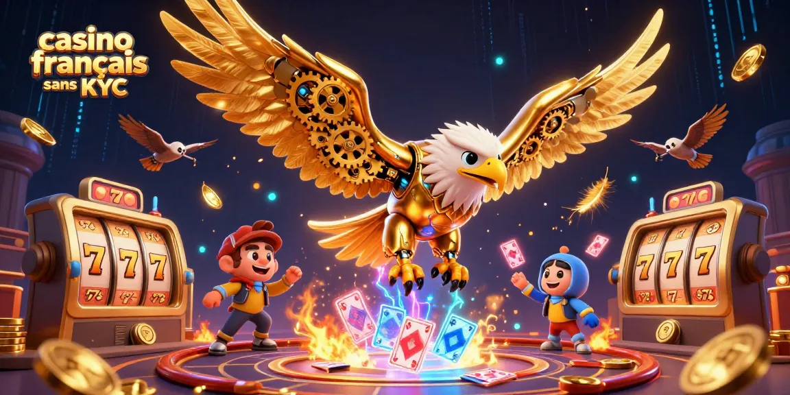 Profitez des jeux dans un casino français sans KYC avec une illustration de l'aigle cybernétique et des éléments de jeu captivants.