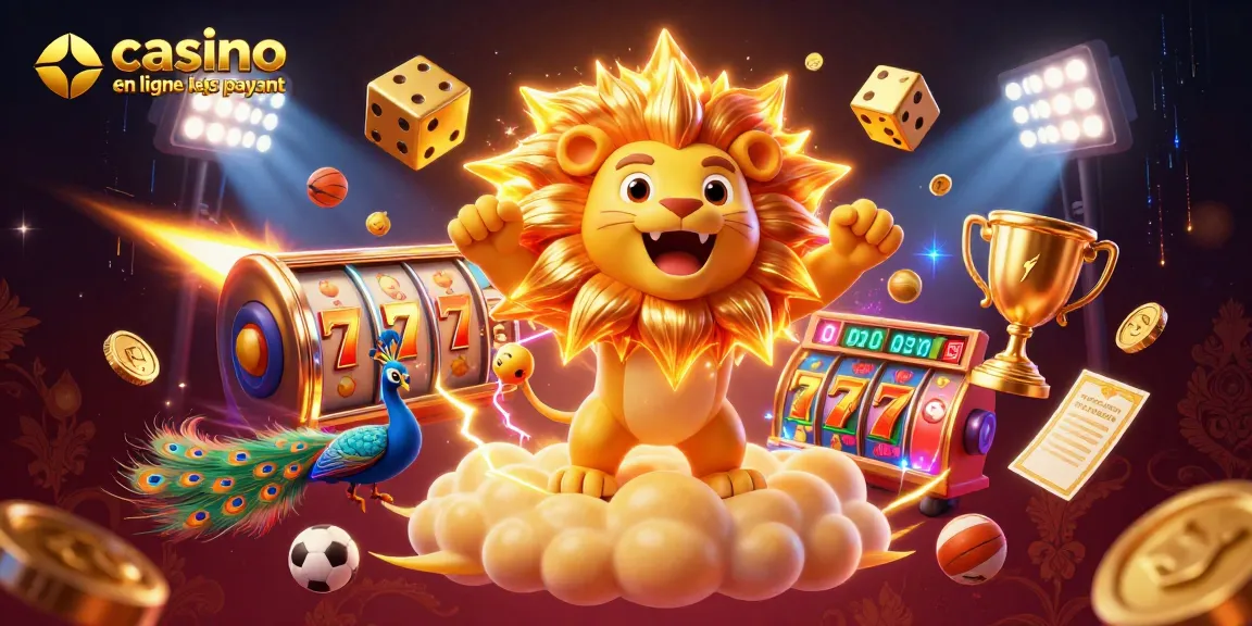 Jeux de casino en ligne les plus payants avec un lion en 3D, dés dorés et nombreux éléments sportifs.