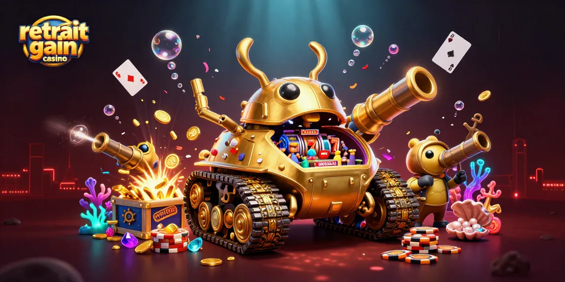 Retrait gain casino : Révélez un monde de jeux avec un tank doré 3D et des éléments sous-marins.