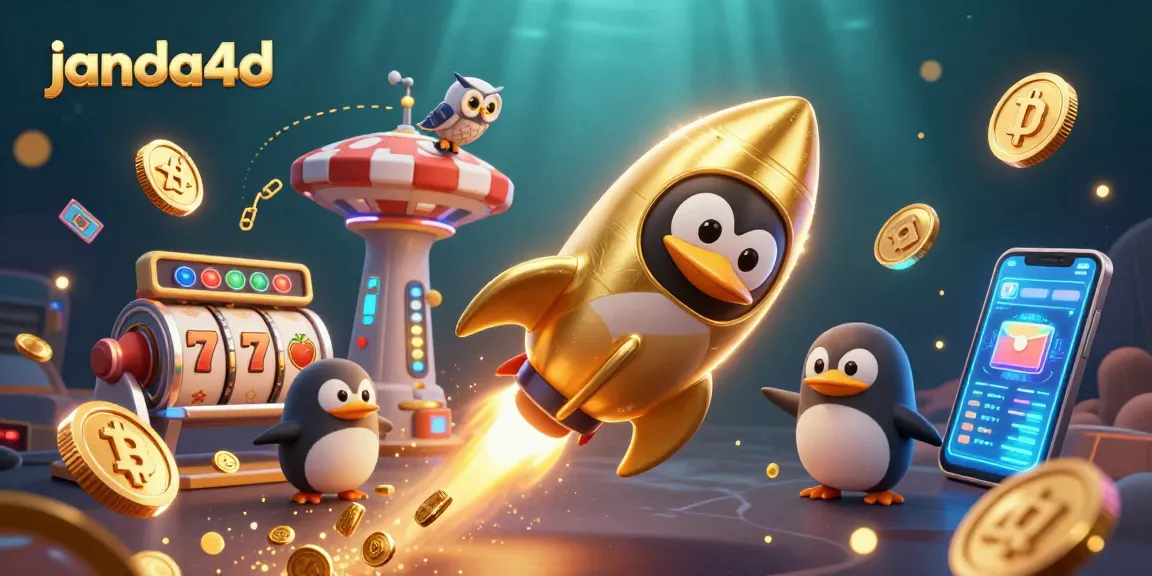 janda4d menampilkan penguin emas bertenaga roket menjalani petualangan kasino dengan banyak koin bersinar