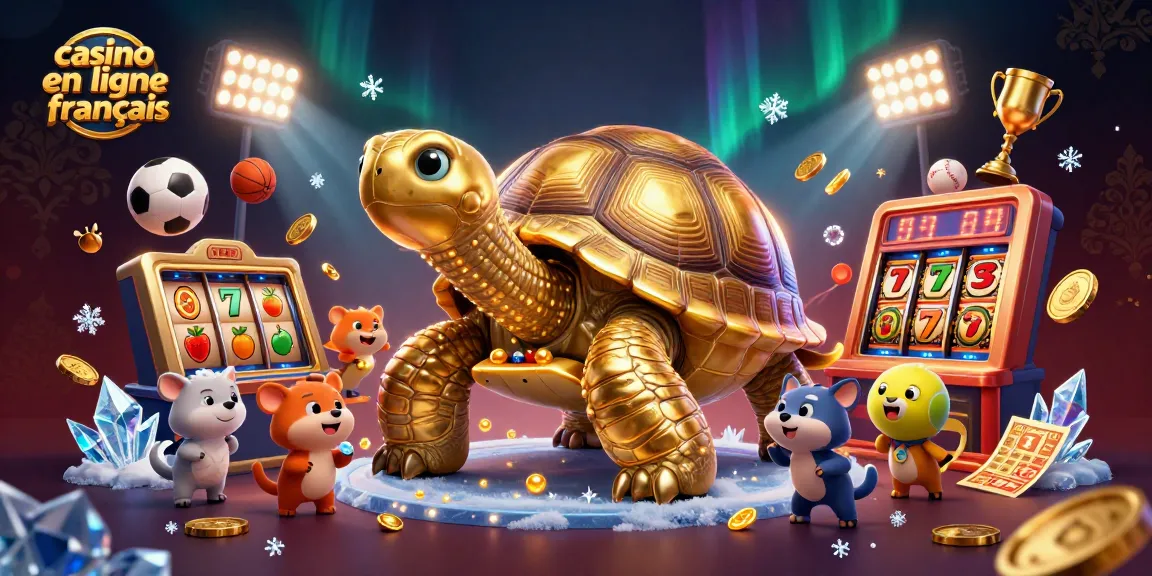 Venez profiter d'une expérience immersive avec notre tortue géante et une machine à sous, représentant le casino en ligne français.