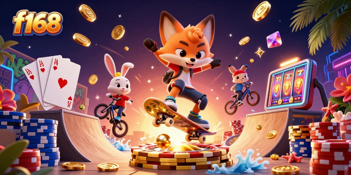 Experience the thrill of f168 with vibrant casino action featuring a skateboarder fox and BMX rabbit.
