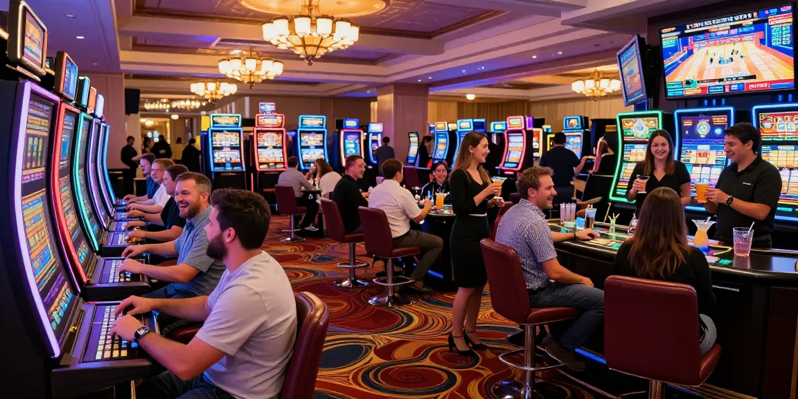 Engaging scene of players at vibrant credit card casinos surrounded by gaming tables and neon lights.