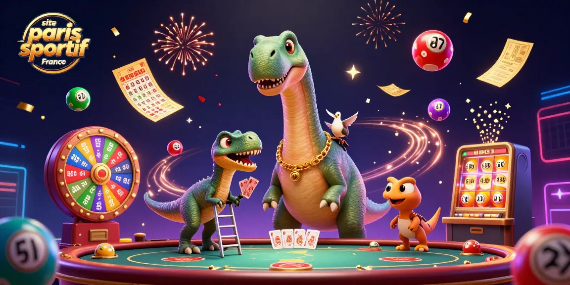Plongez dans l'univers passionnant du site paris sportif France avec ce brontosaurus géant et des éléments de jeu captivants.
