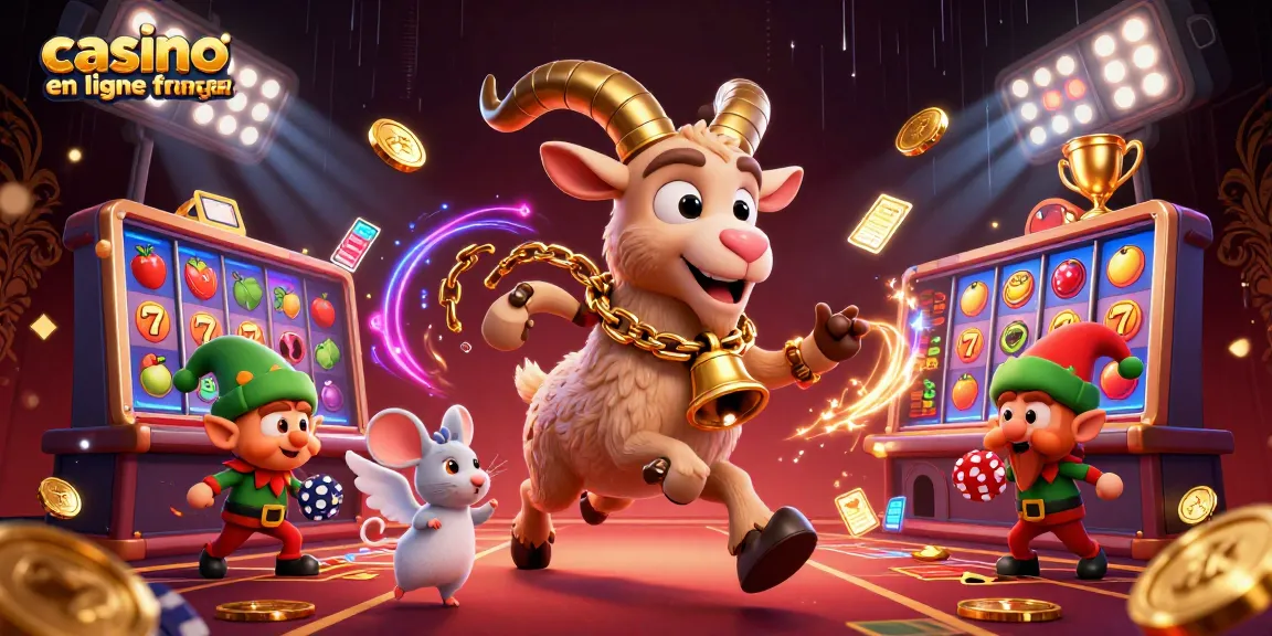 Illustration d'un casino en ligne français avec un Krampus, une souris ange, et des gremlins elfes volant des jetons.