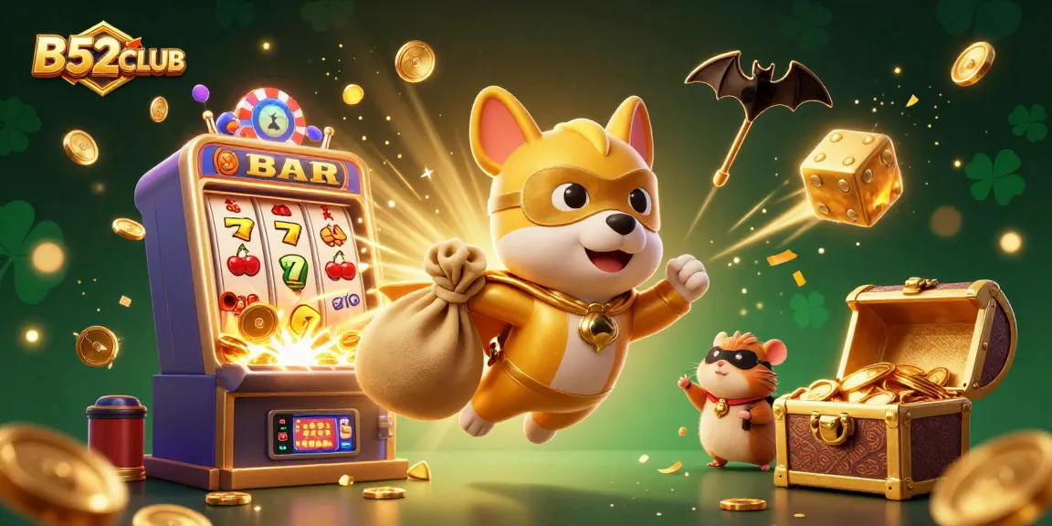 B52CLUB cartoon illustration featuring a superhero dog and sidekick hamster amidst vibrant casino elements.